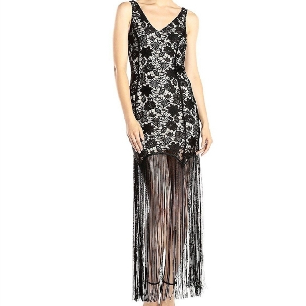 Ark & Co. Fringe Bottom Deep V Lace Evening Gown